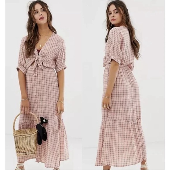 FAITHFUL THE BRAND Revolve Maple Pink Plaid Cut Out Midi Dress, size xs - Picture 2 of 9